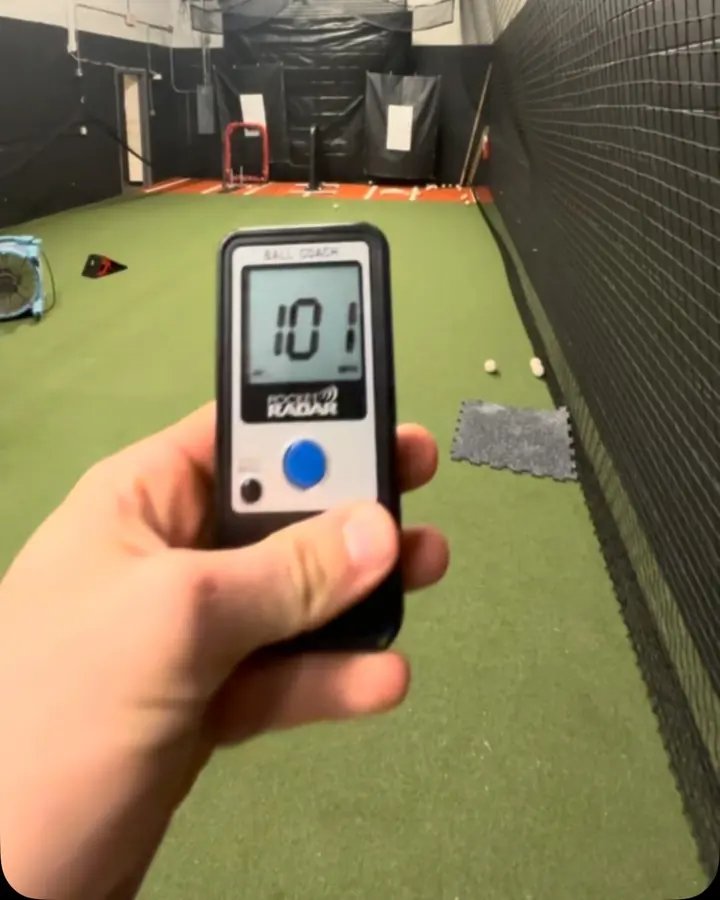 Pocket Radar reading 101 held up in the throwing lane at Complete Baseball Performance